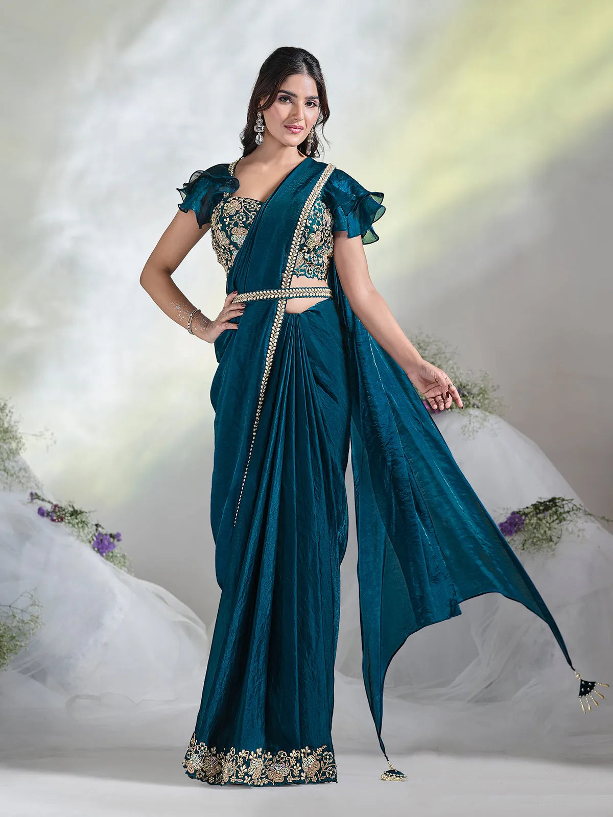 Stunning Teal Blue Ready To Wear To Tone Satin Silk Saree Outlet Shop Offer