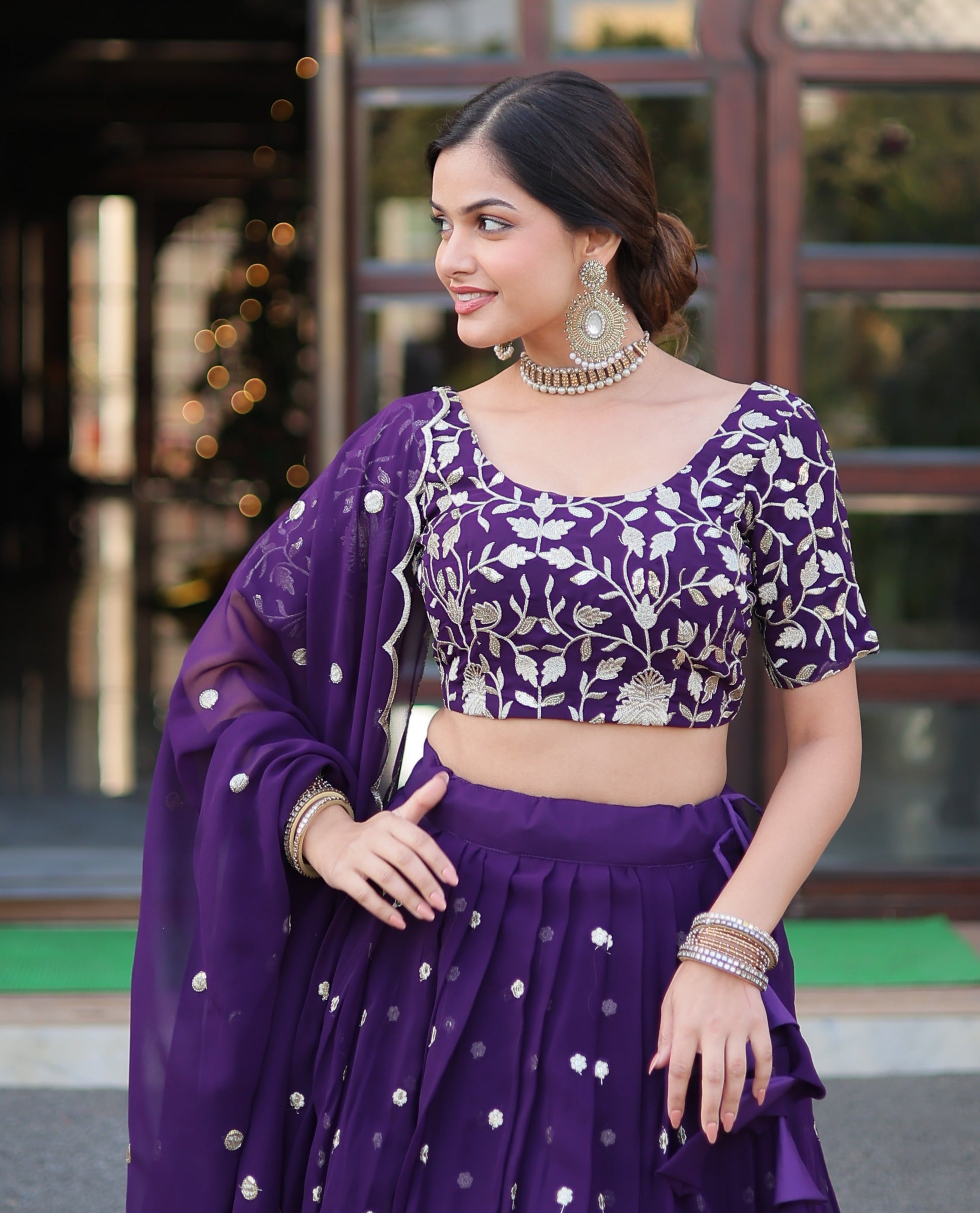 Purple Georgette Sequins and Embroidered work lehenga choli Supply Sale Online