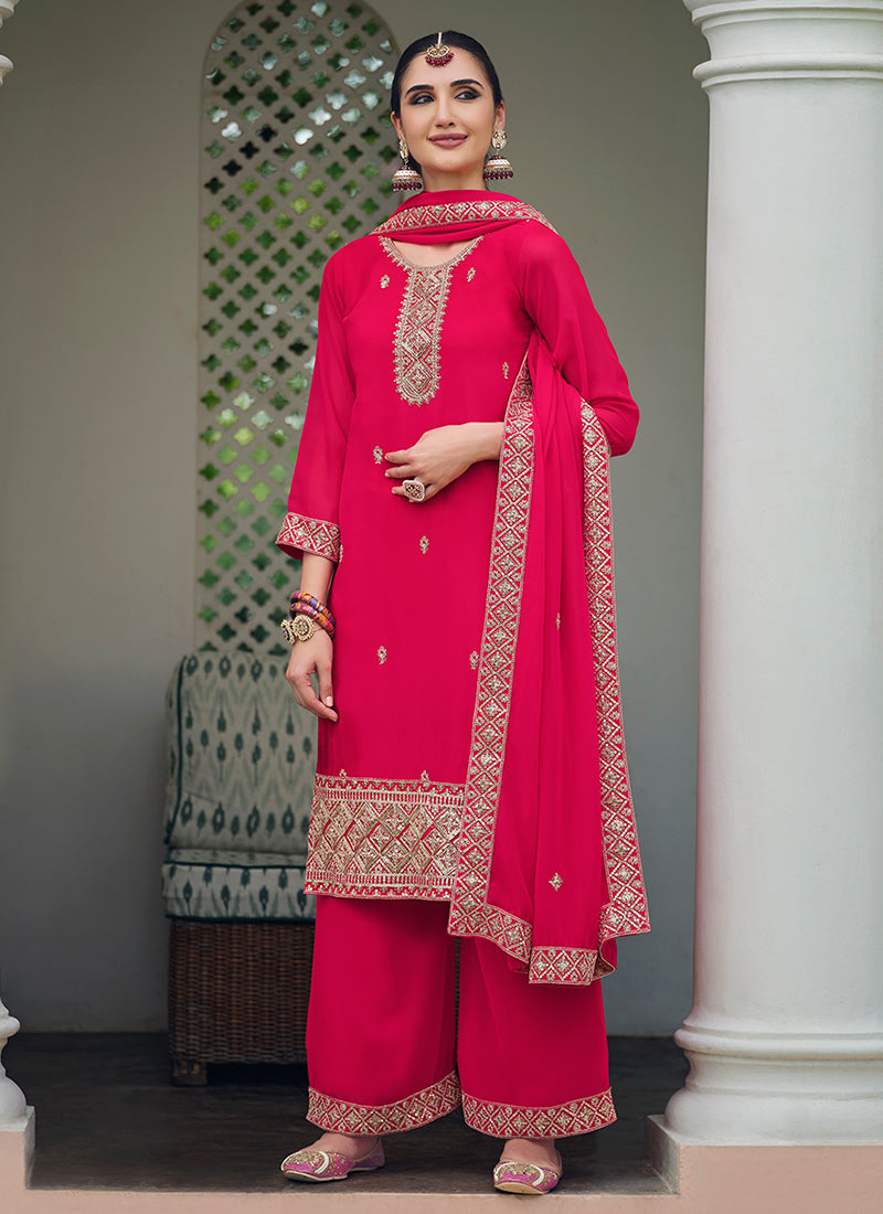 Mesmerizing Pink Embroidered Georgette Palazzo Suit Enjoy Cheap Online