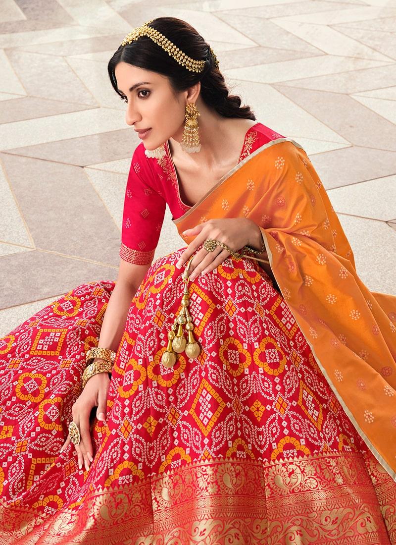 Digital Print Red Color Silk Fabric Banarasi Lehenga With Contrast Dupatta Factory Outlet Cheap Pice