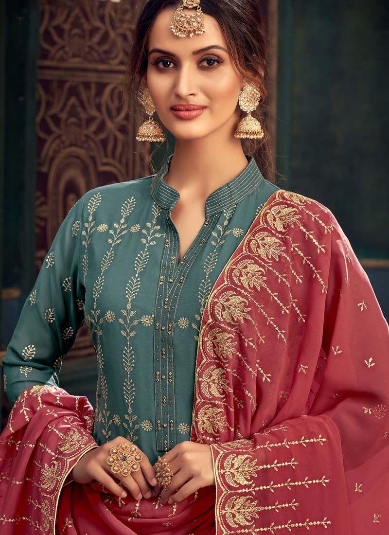 Pine Green Color Zari Work Collar With V-Neck Sharara Salwar Suit Free Shipping Sale Online