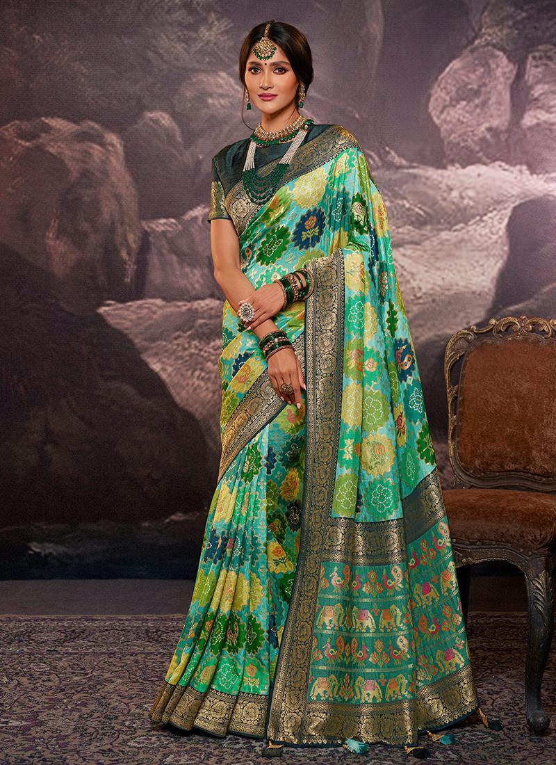 Turquoise Color Dola Silk Weave Printed Saree Sale Manchester