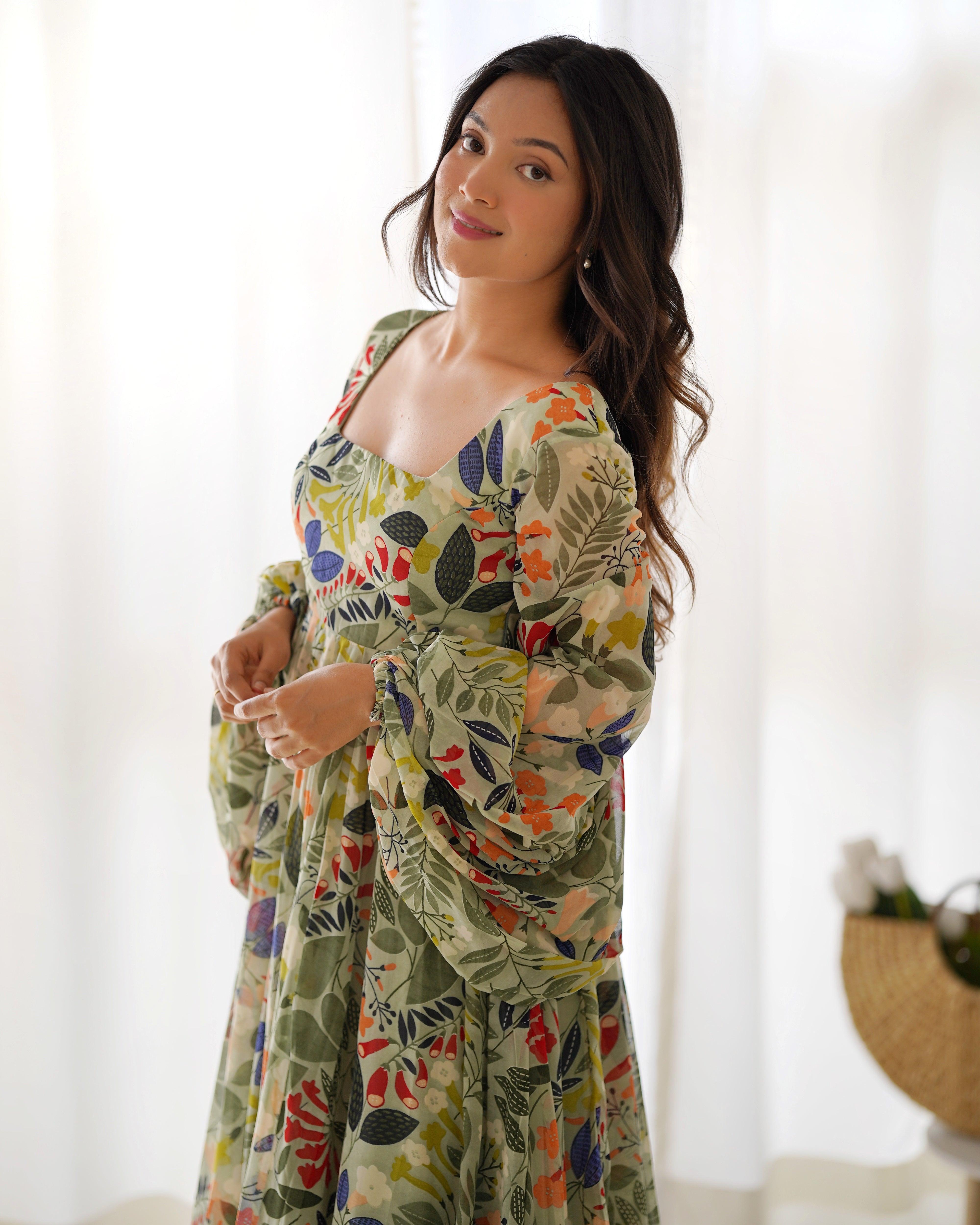 Multi color printed georgette base floral gown Sale Geniue Stockist