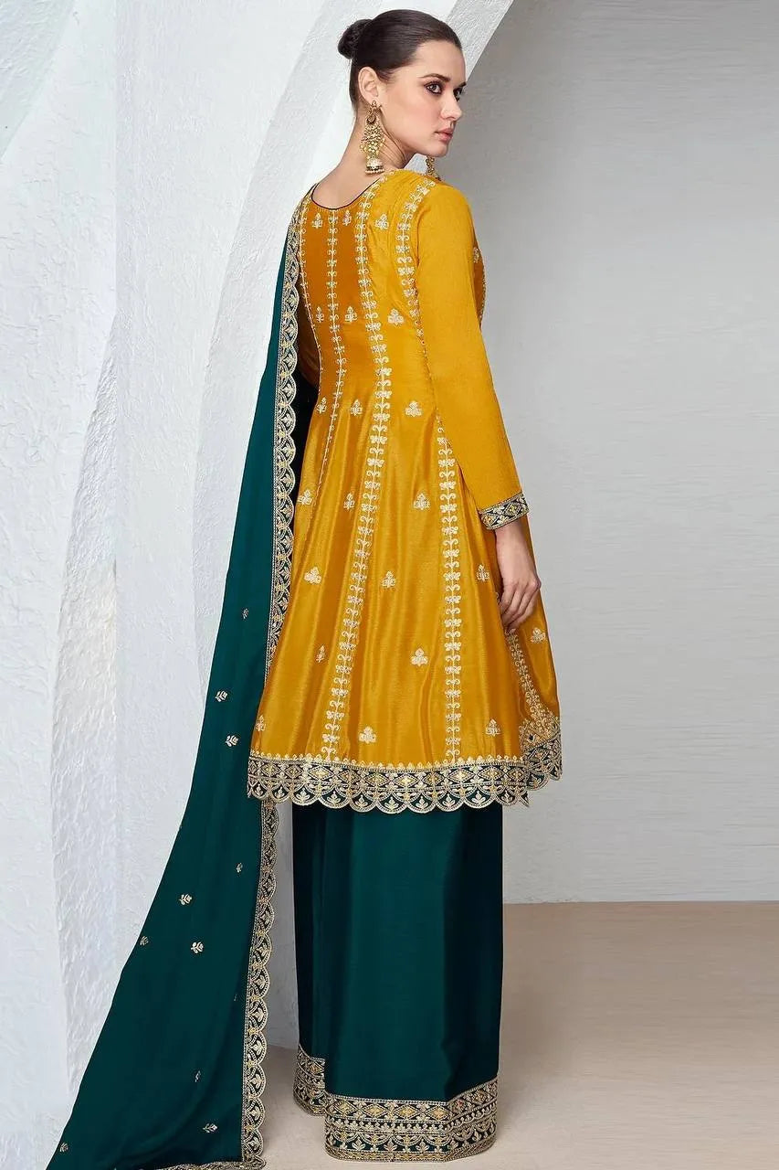 Glowing Yellow and Teal Blue Chinon Embroidered Sharara Suit Cheap Sale Online