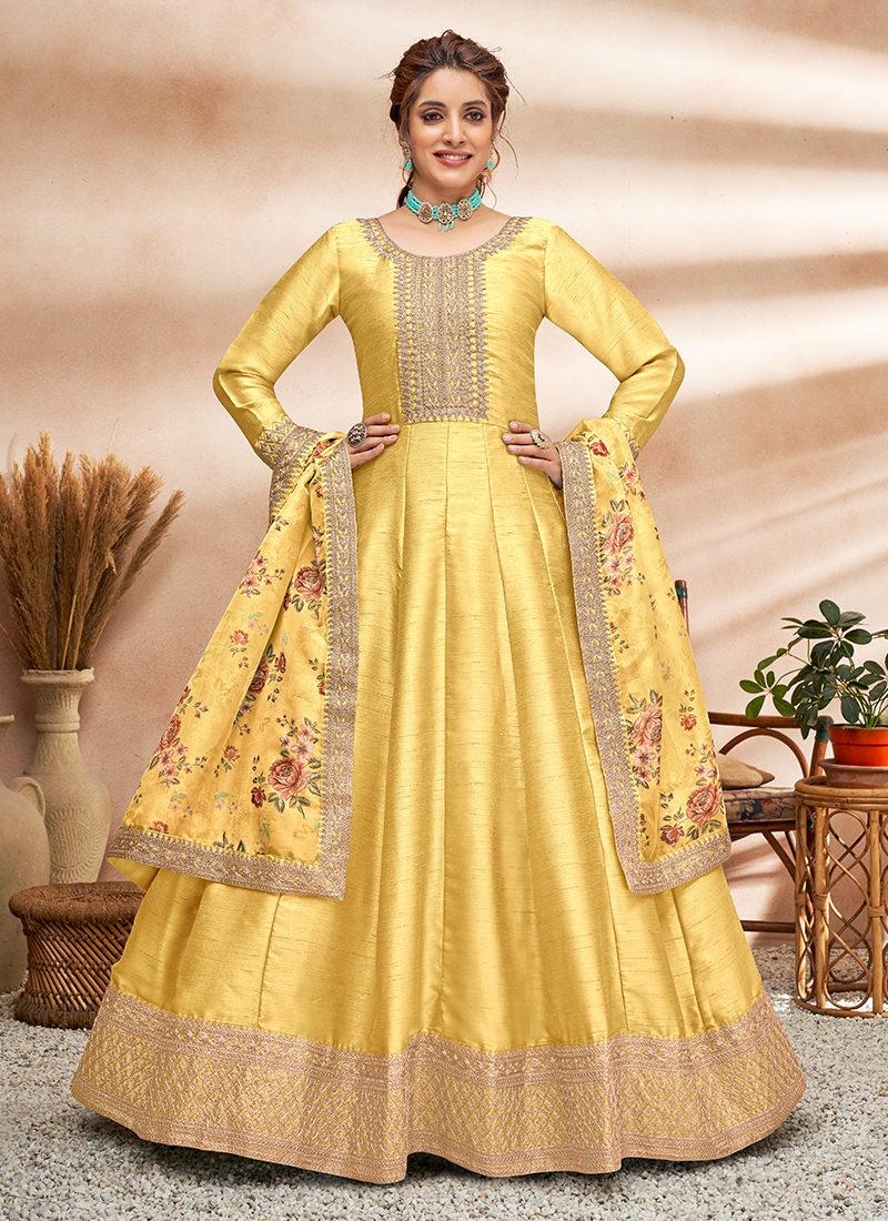 Embroidered Art Silk Fabric Yellow Gown Outlet Amazon