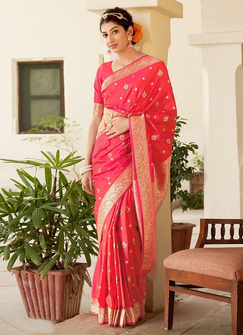 Occasion Wear Pink Color Banarasi Silk Fabric Silk Weave Saree Cheap Manchester