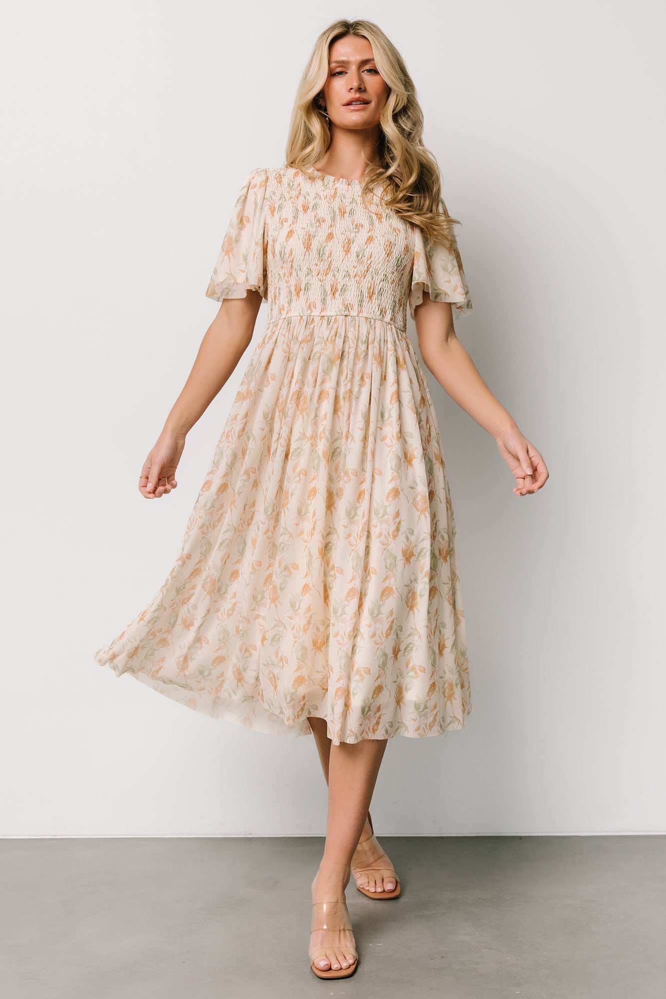 Bailey Smocked Midi Dress | Ivory + Golden Floral Tumblr Cheap Pice