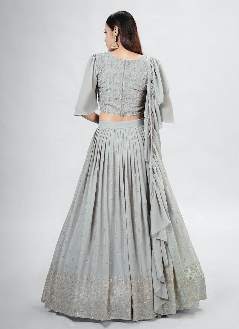 Grey Crop Top Lehenga With Ruffle Dupatta Clearance Reliable