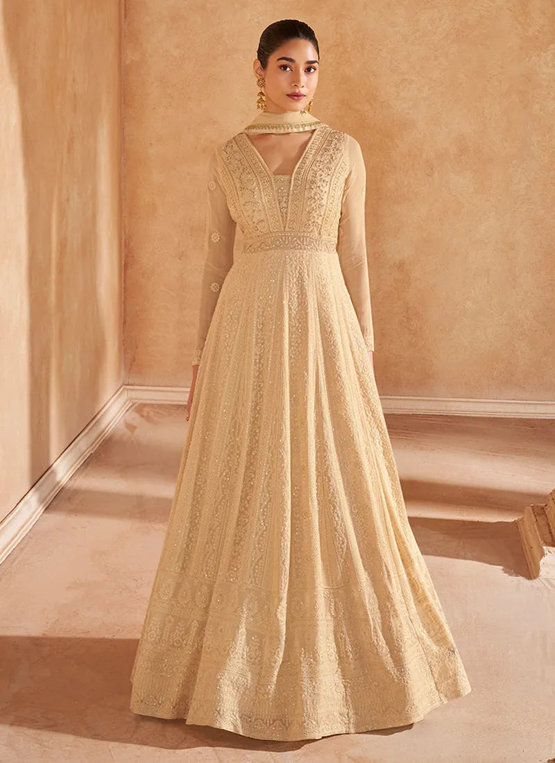 Fabulous Golden Beige Embroidered Designer Anarkali Gown Cheap Sale Outlet Store