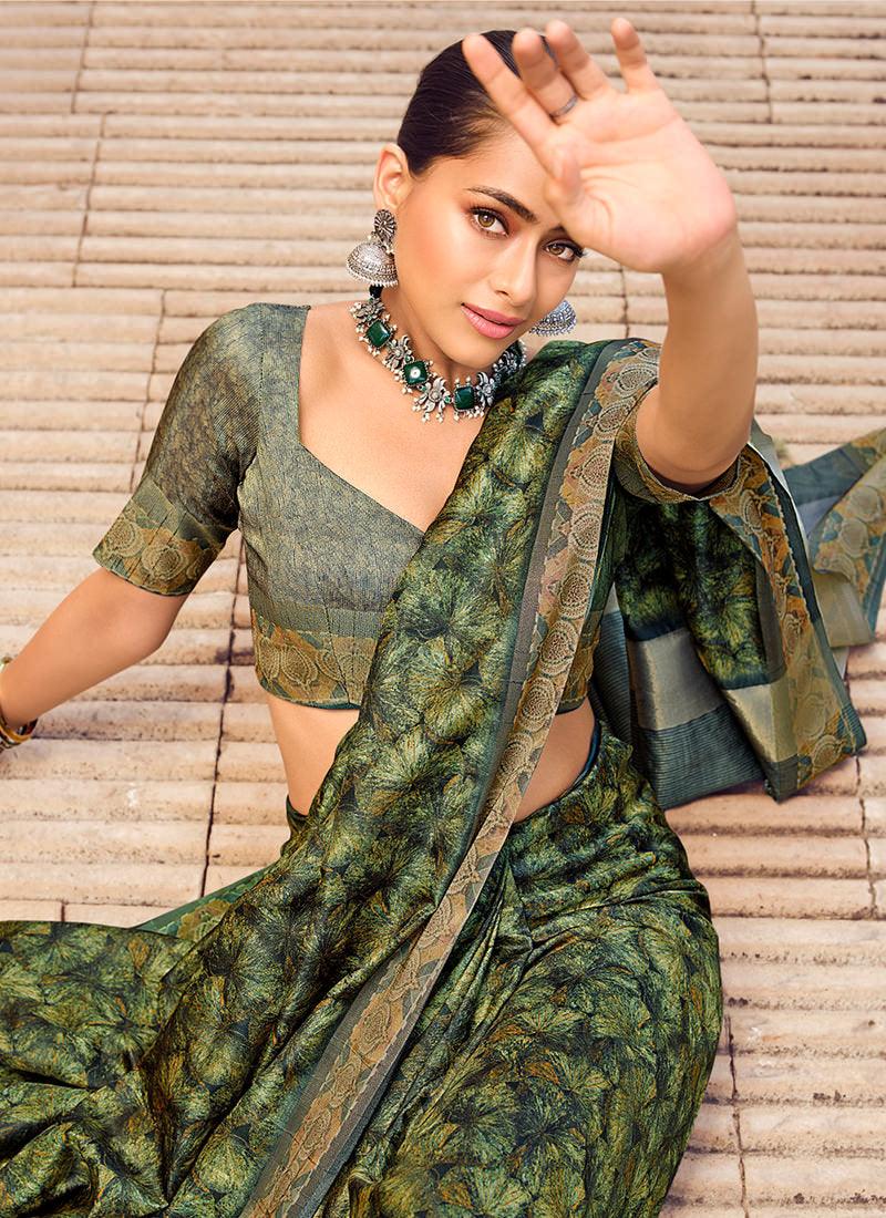 Digital Print Dark Green Textured Silk Saree Buy Cheap Limited Edition