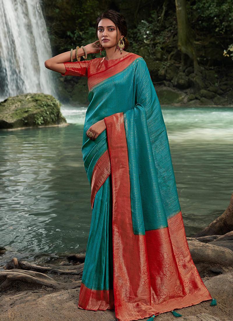 Silk Weave Turquoise Kanjivaram Saree Free Shipping Online