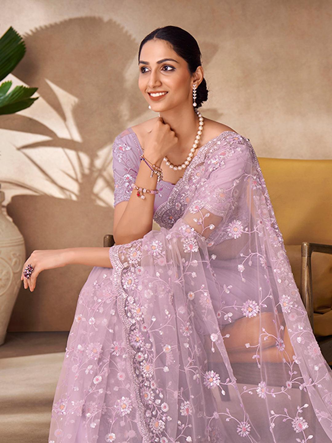 Net base Lilac color with zarkan and thread work saree Collections Cheap Online