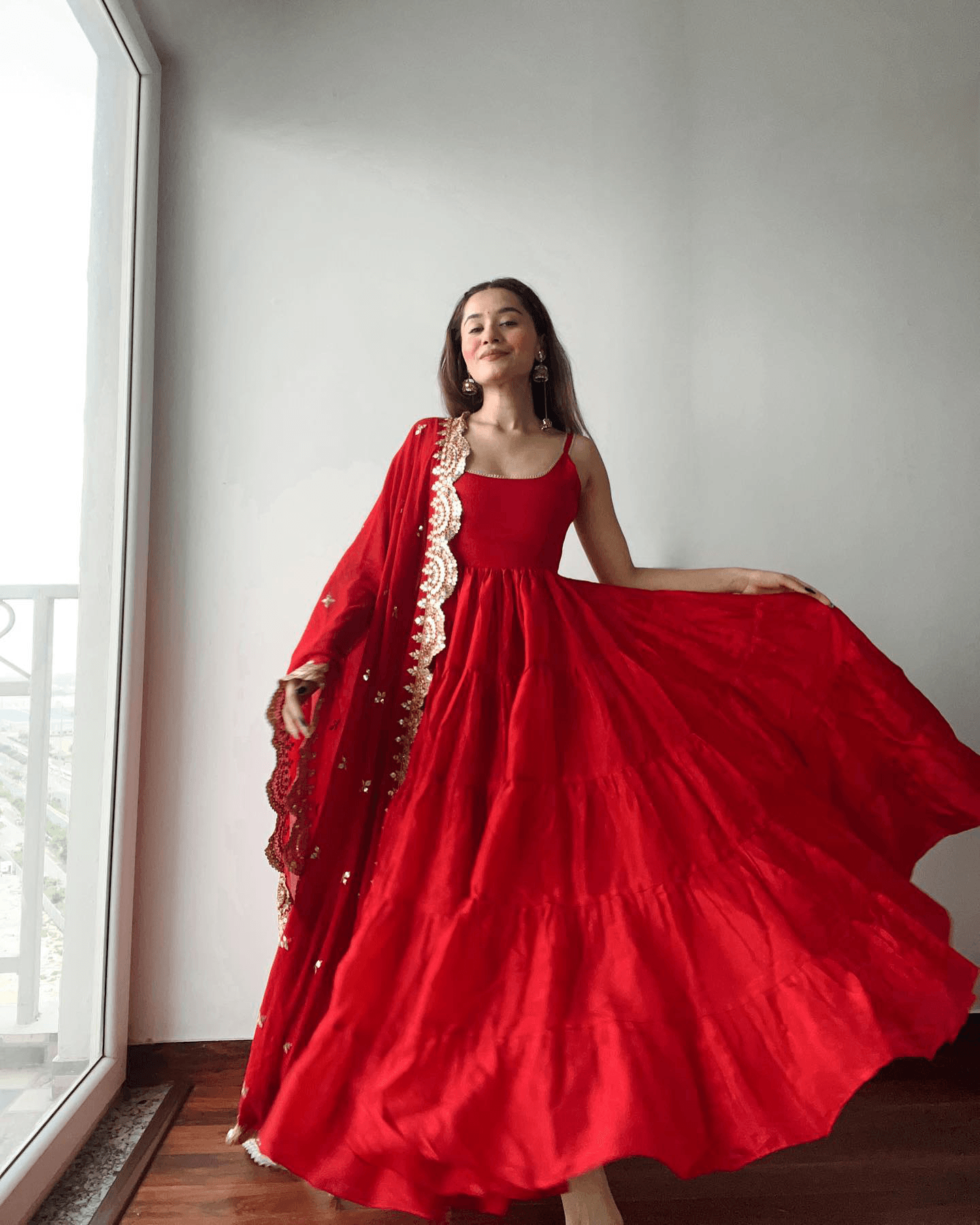 Red Ruffle Sleeveless Gown With Heavy Dupatta Really For Sale