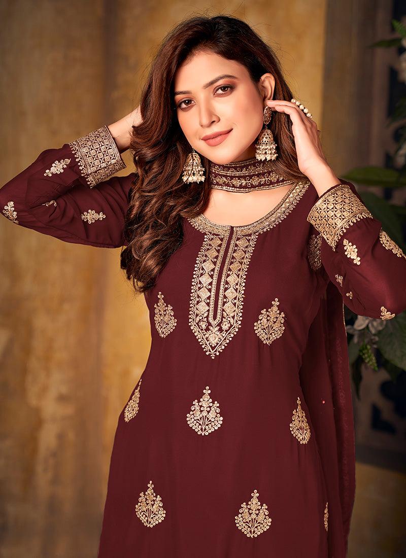 Georgette Base Maroon Color Embroidered Palazzo Suit With Sequins Work Sale Professional