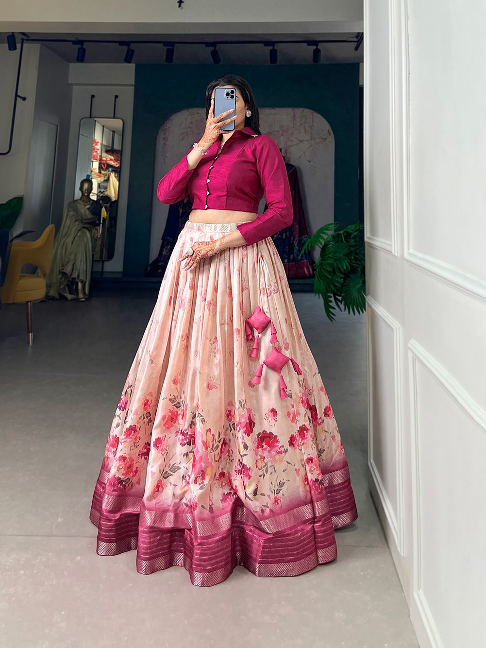 Embrace Tradition with Modern Floral Printed Dola Silk Lehenga Choli Discount