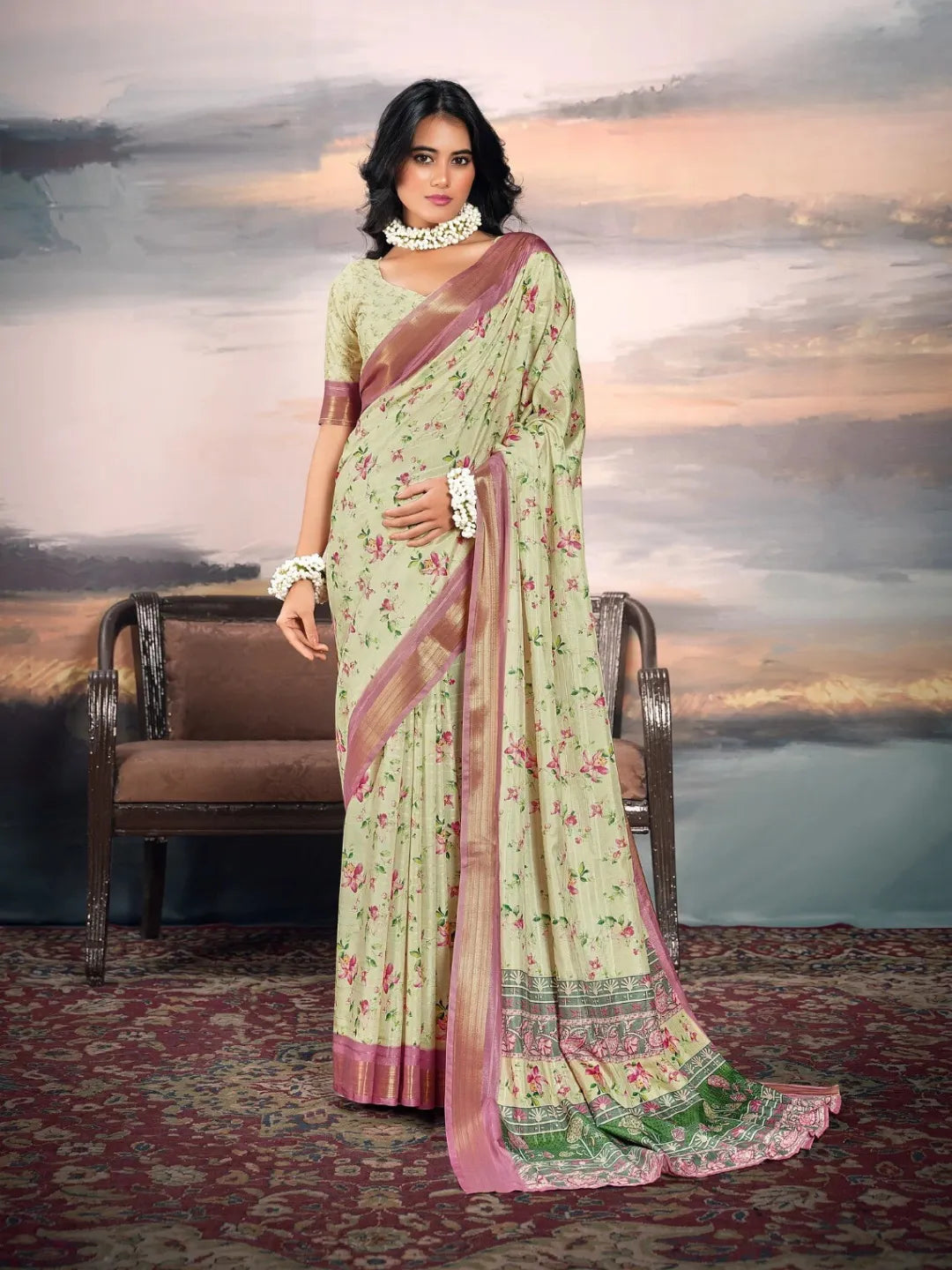 Mesmerizing Light Pista Cotton Silk Digital Printed Saree Excellent