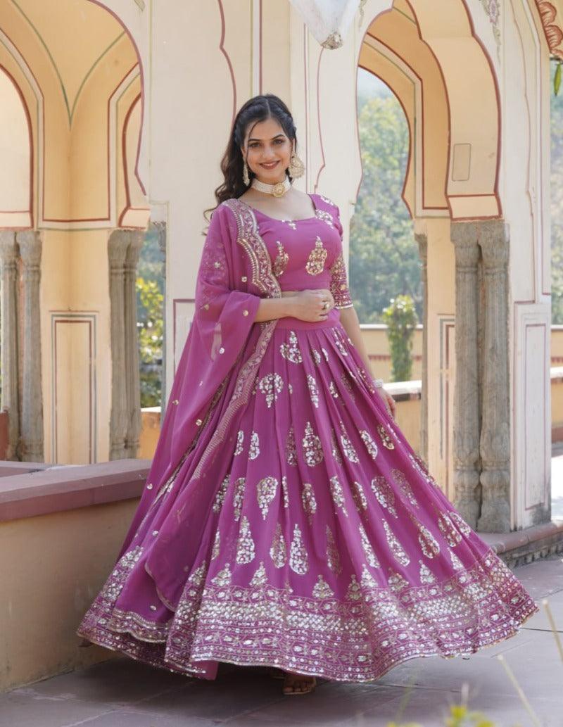 Reddish Magenta Faux Georgette Heavy Sequins Embroidered Lehenga Choli Set Top Quality For Sale