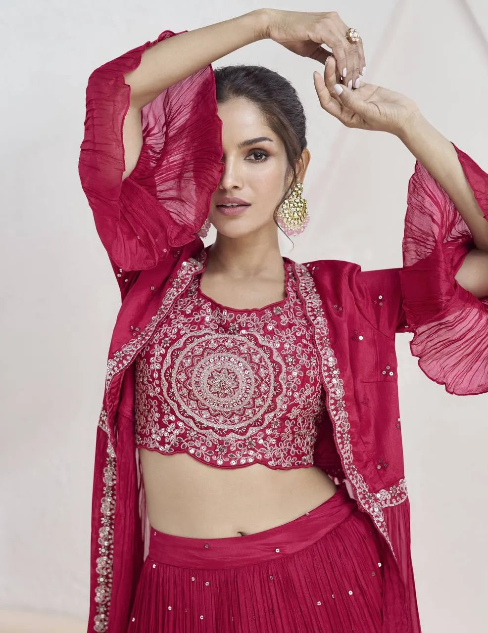 Ravishing Red Embroidered Chinon Lehenga Choli With Jacket Brand New Unisex