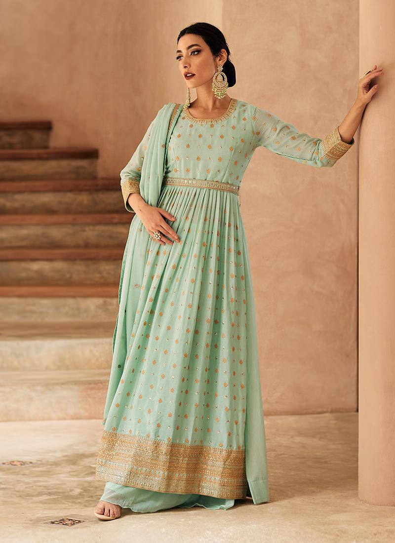 Sequins Work Georgette Sea Green Anarkali Suit Best Pices