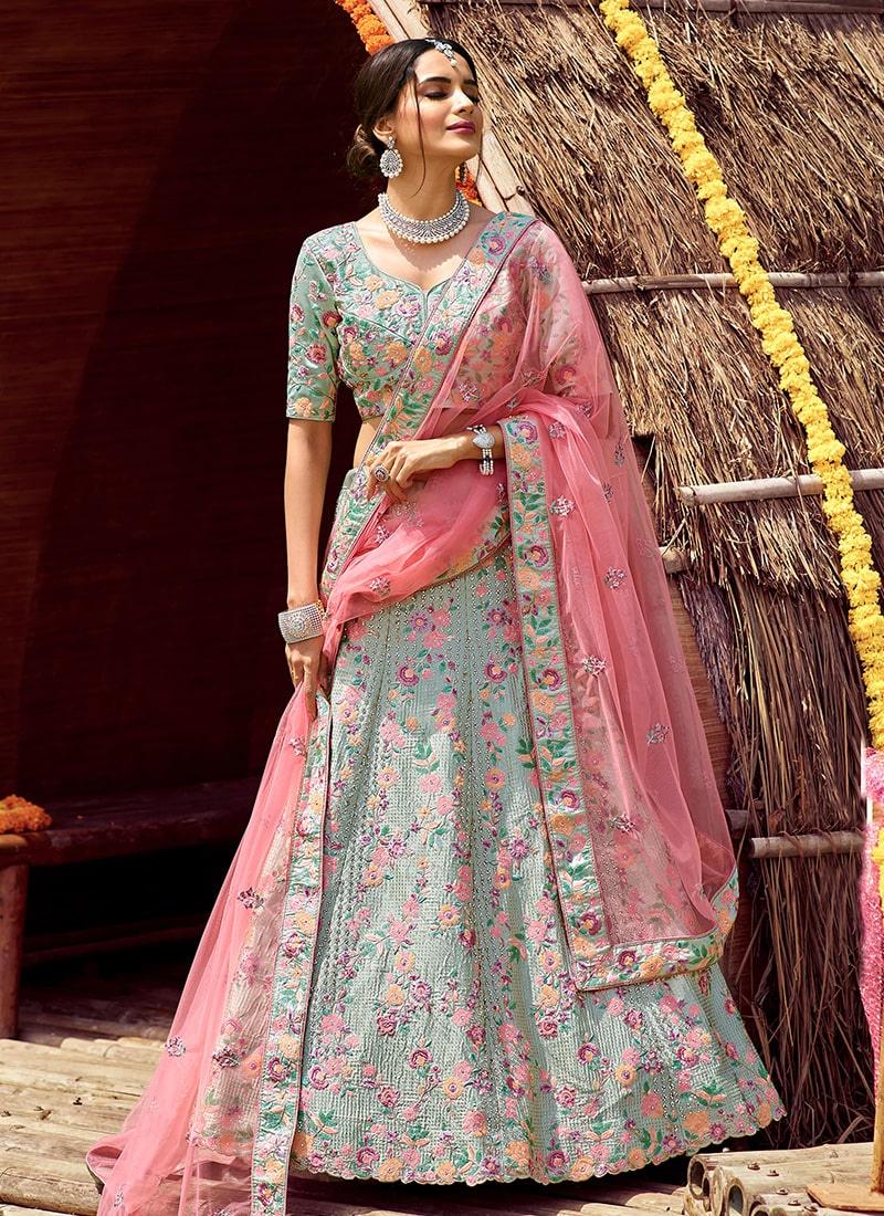 Turquoise Color Stone And Sequins Work Satin Base Lehenga Best Place For Sale