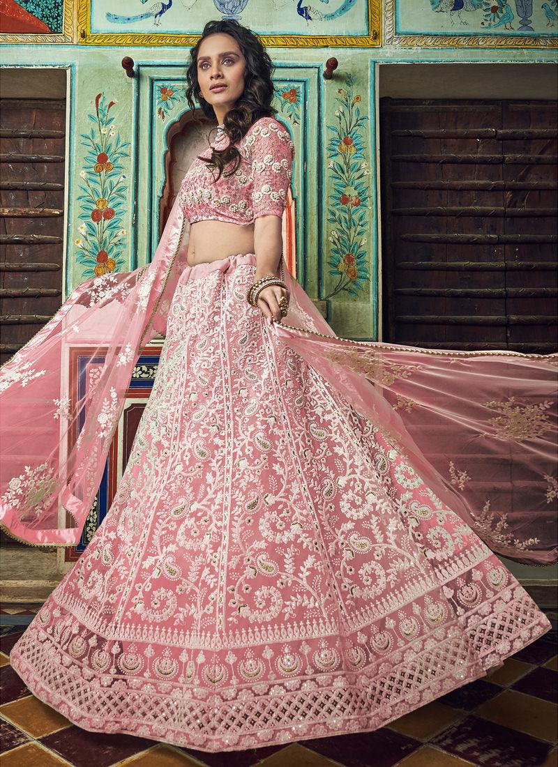 Elegant Peach Pink Soft Net Pearl And Resham Work Trendy Lehenga Choli Discounts Sale Online