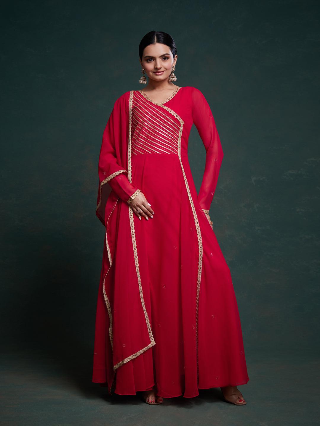 Red color gotta patti gown with dupatta Low Shipping Fee Online