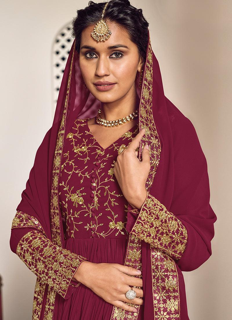 Georgette Base Wine Color Sharara Suit With Heavy Embroidered Work Free Shipping Low Pice Fee Shipping