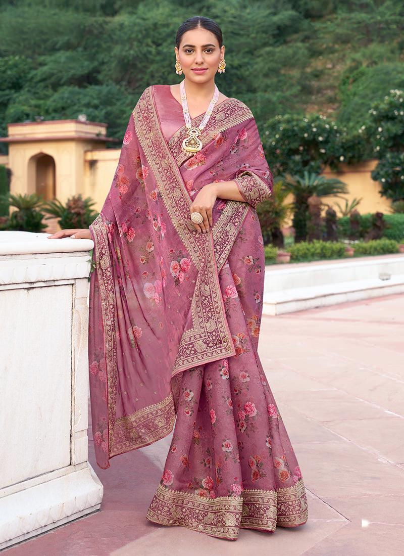 Embroidered Onion Pink Organza Floral Saree Cheap Sale Pick A Best