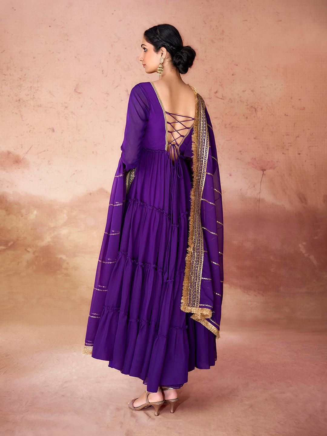 Purple Color Ruffle  Anarkali Gown with Dupatta Deals Online