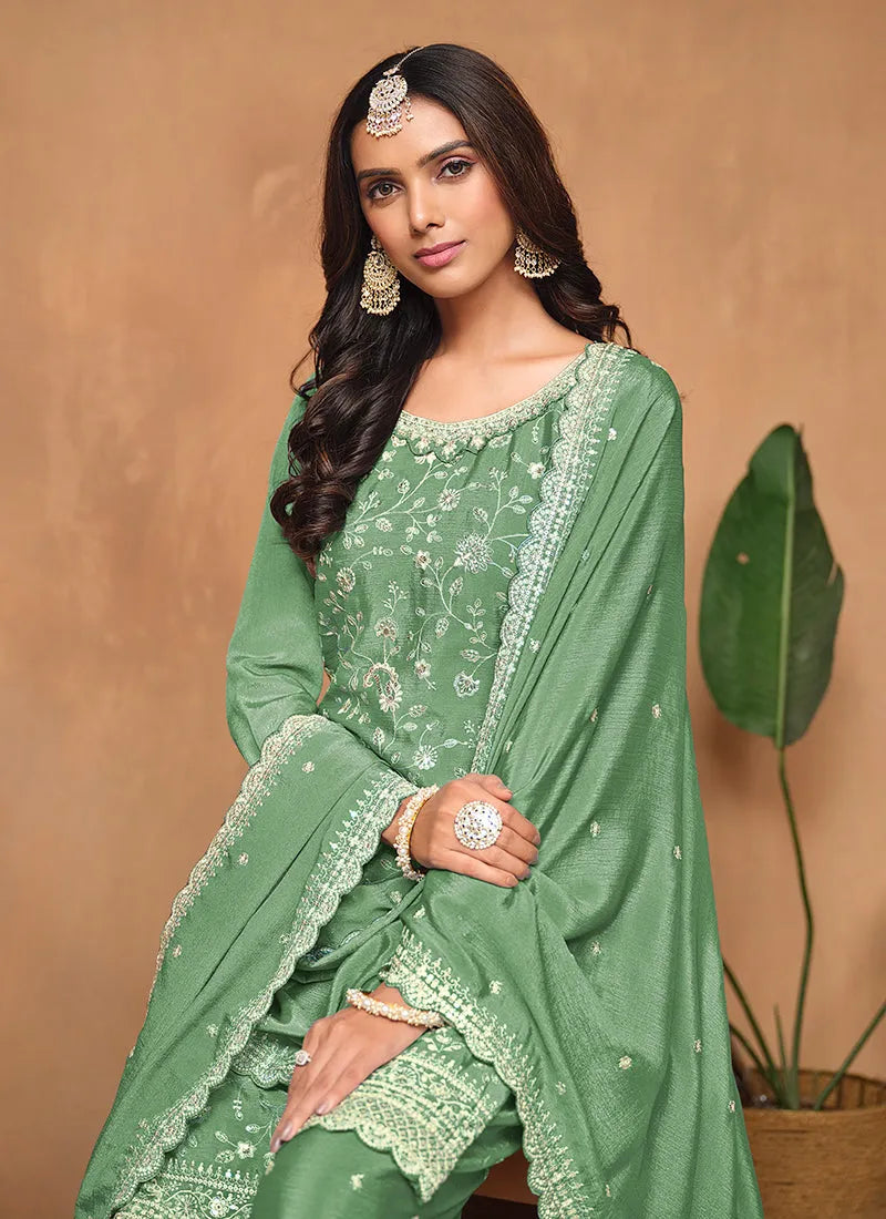 Mint Green Chinon Festival Wear Top Palazzo Suit Best Sale Cheap Pice