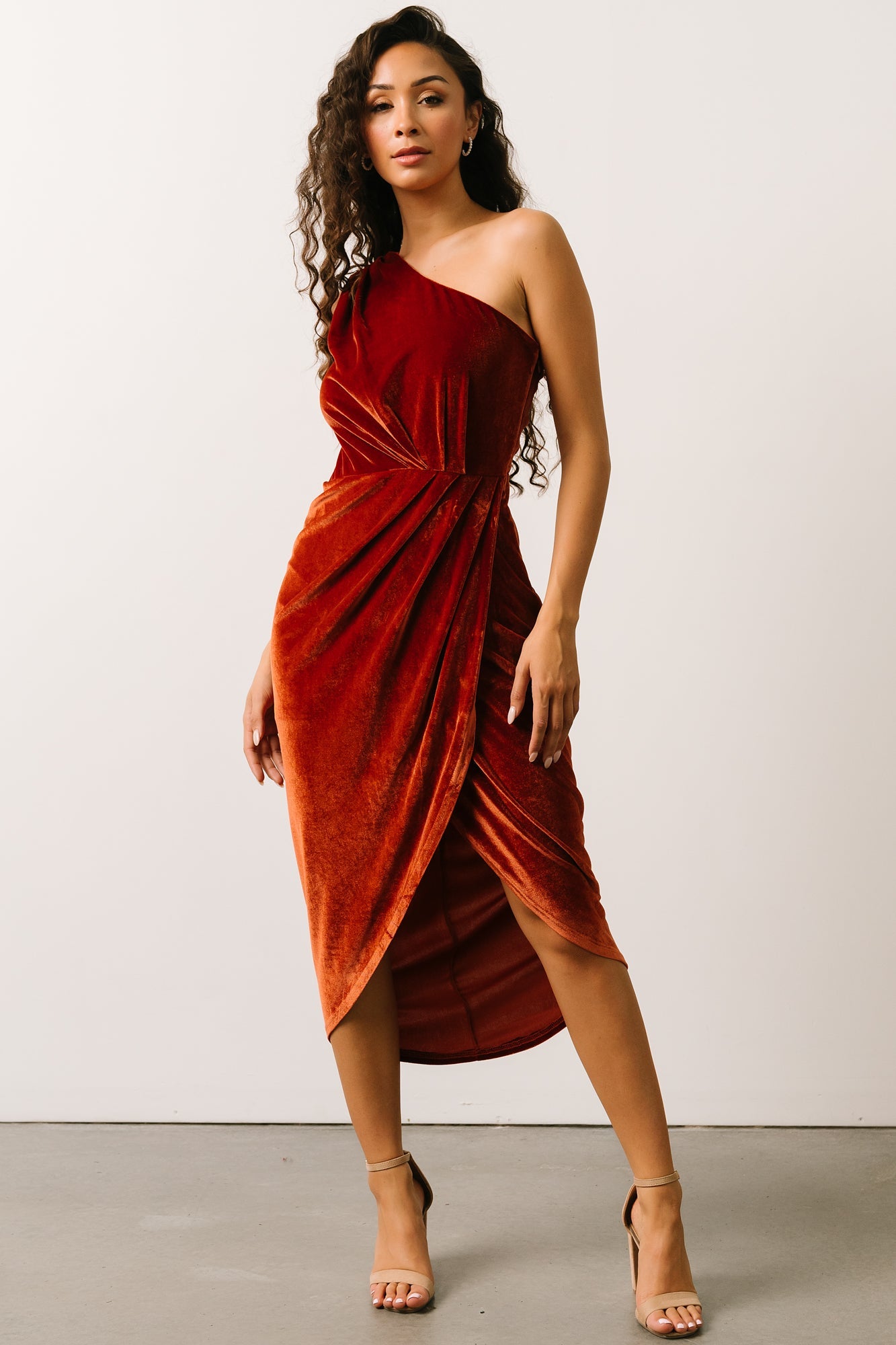 Kourtney Velvet One Shoulder Midi Dress | Rust Discount Visit New