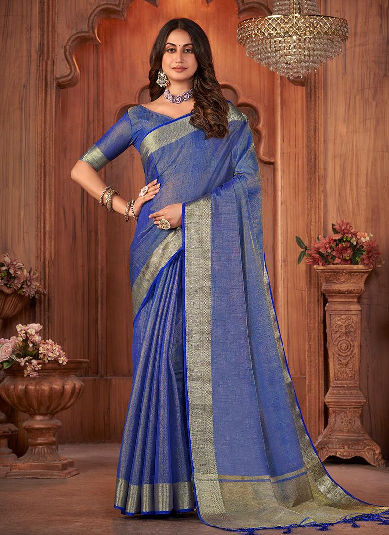 Two Tone Style Blue Linen Saree Enjoy Cheap Pice