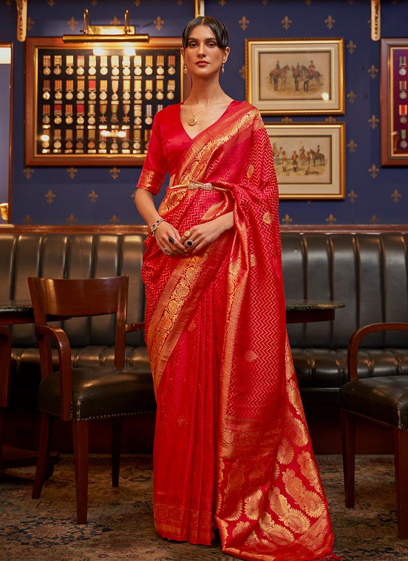 Red Color Classic Wear Satin Silk Saree Discount Order