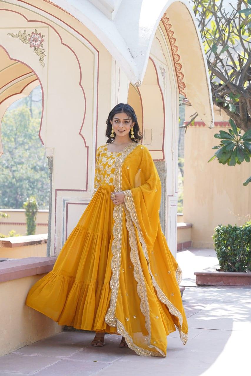 Yellow Georgette Ruffle gown with dupatta Pay With Visa Sale Online