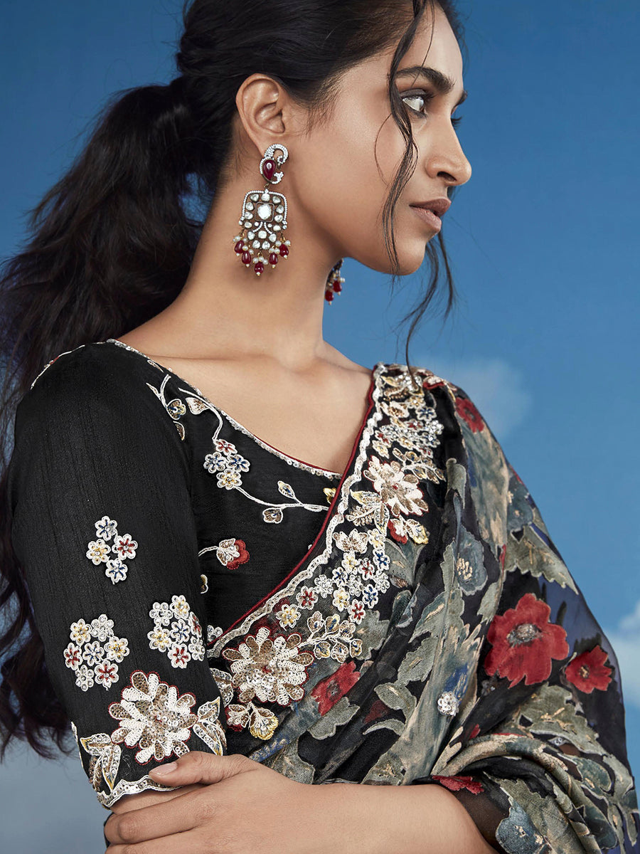 Unforgettable Black Heavily Floral Embroidered Brasso Saree Reliable Online