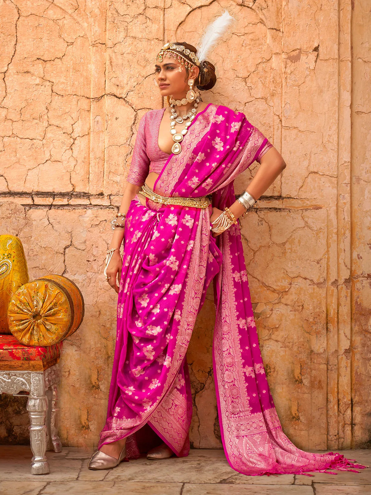 Glowing Pink Georgette Saree with Weaving Butta Border Cheap Sale Cheapest