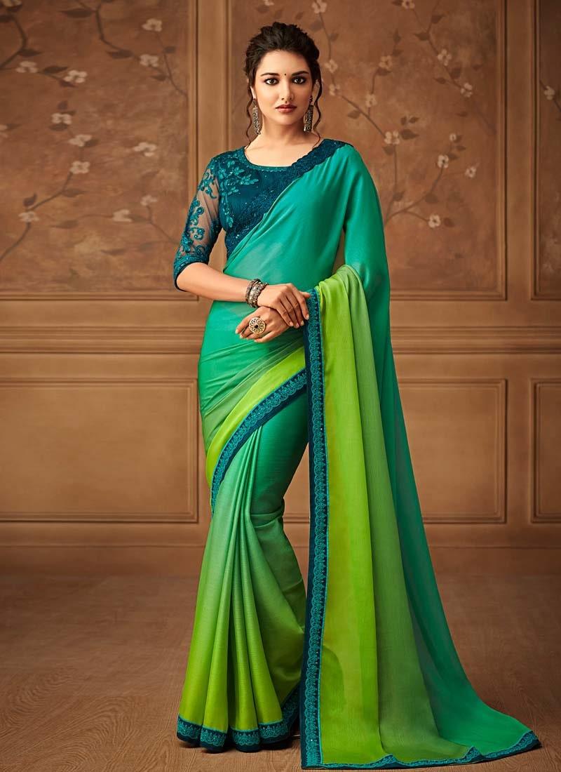 Green And Turquoise Shaded Color Silk Base Heavy Work Designer Saree Visit New