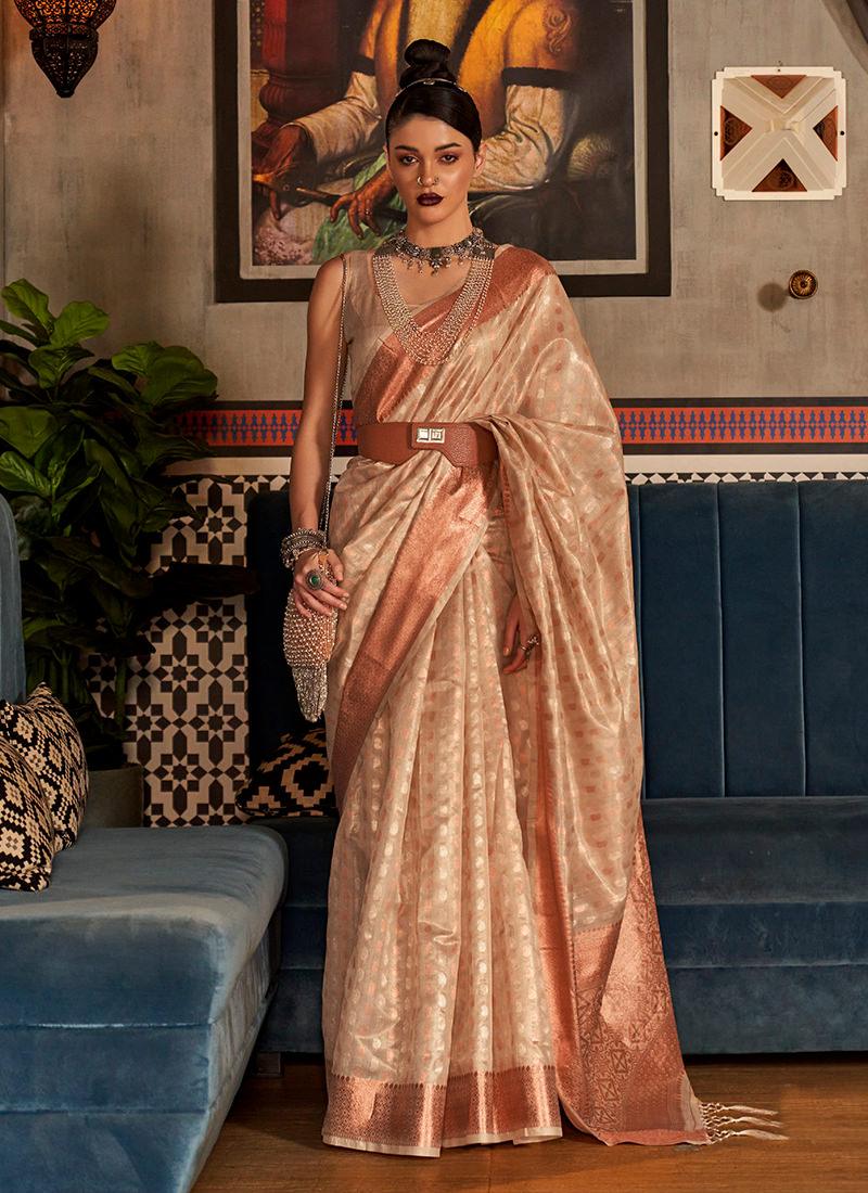 Silk Weaving Beige Classic Wear Saree Free Shipping Wholesale Pice