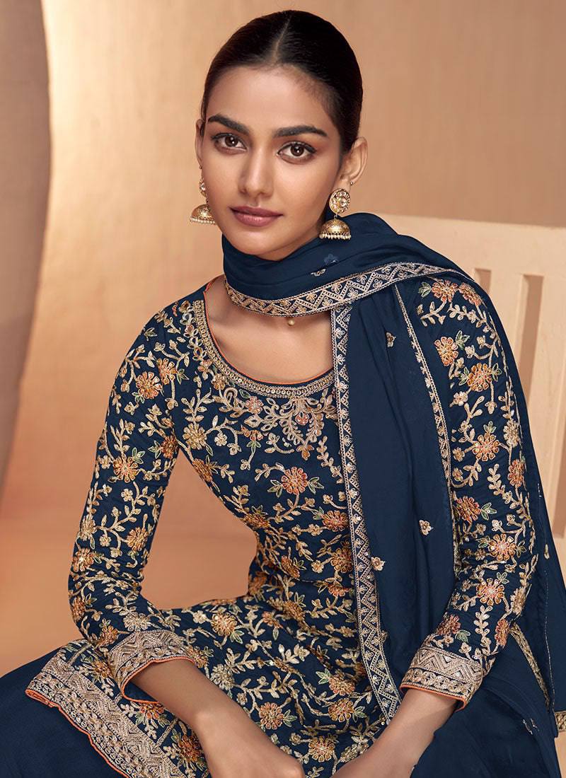 Breathtaking Navy Blue Chinon Embroidered Sharara Suit Outlet Brand New Unisex