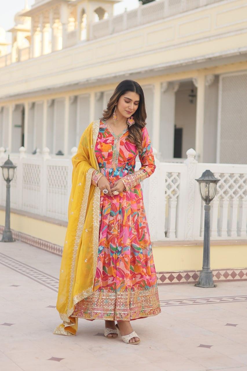 Floral Digital Printed Zari Sequins Worked Gown With Dupatta Good Selling Online