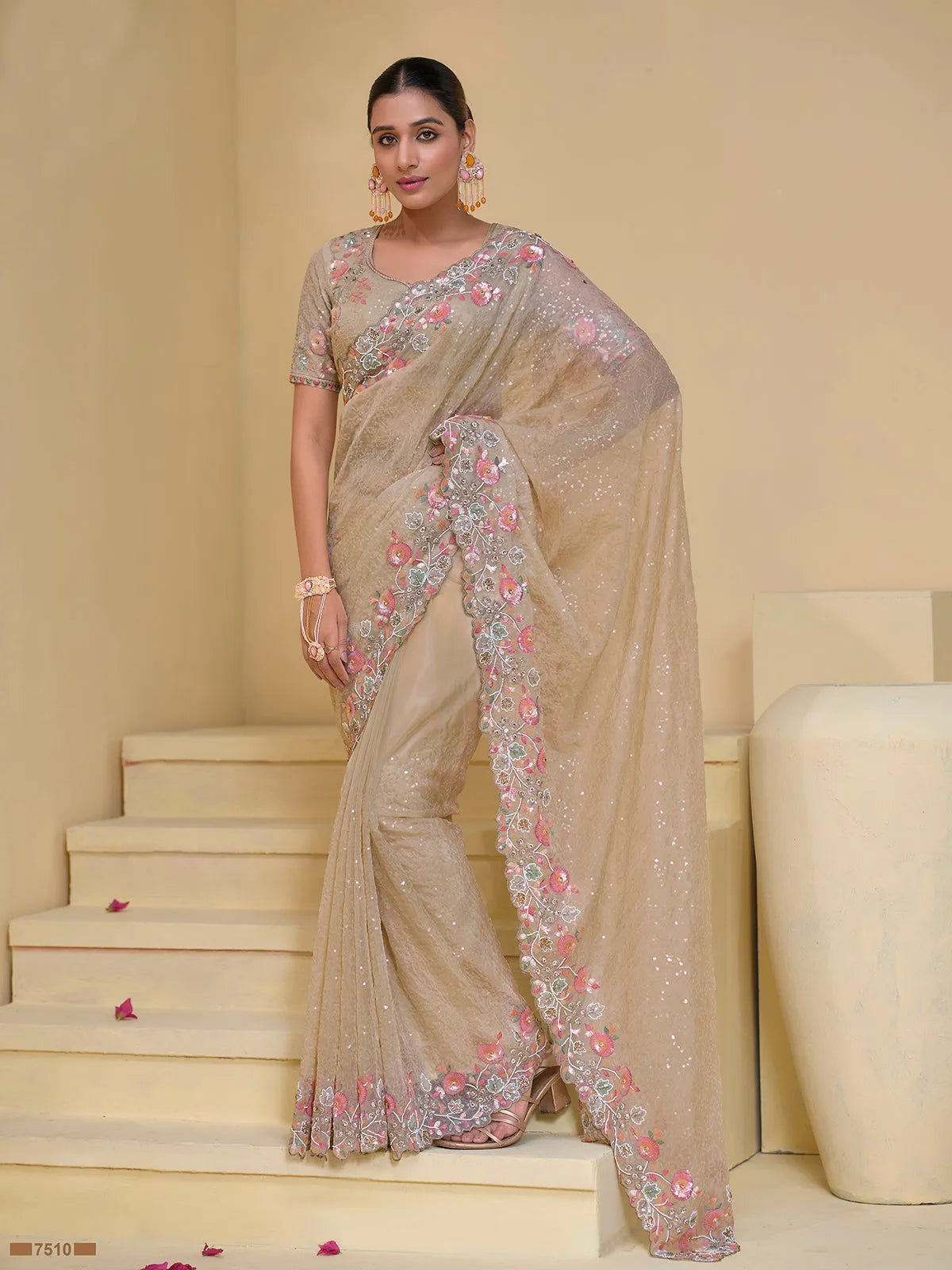 Captivating Cream Banarasi Silk Embroidered Saree Cheap Sale Sale