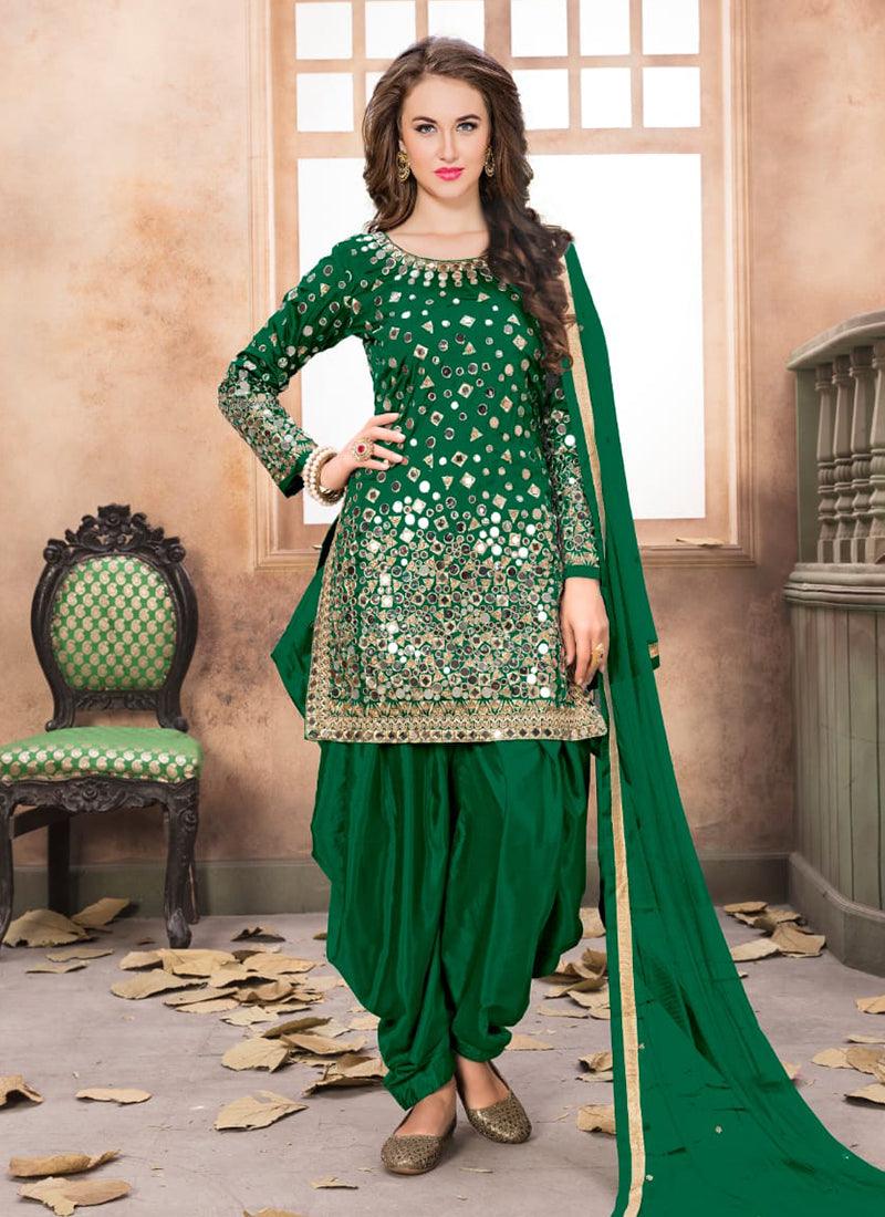 Dark Green Color Mirror Work Punjabi Salwar Suit Cheap Get To Buy