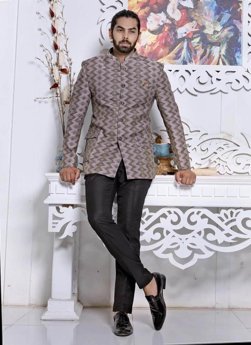 Cotton Fabric Light Grey Color Slim Fit Printed Jodhpuri Suit Finishline For Sale