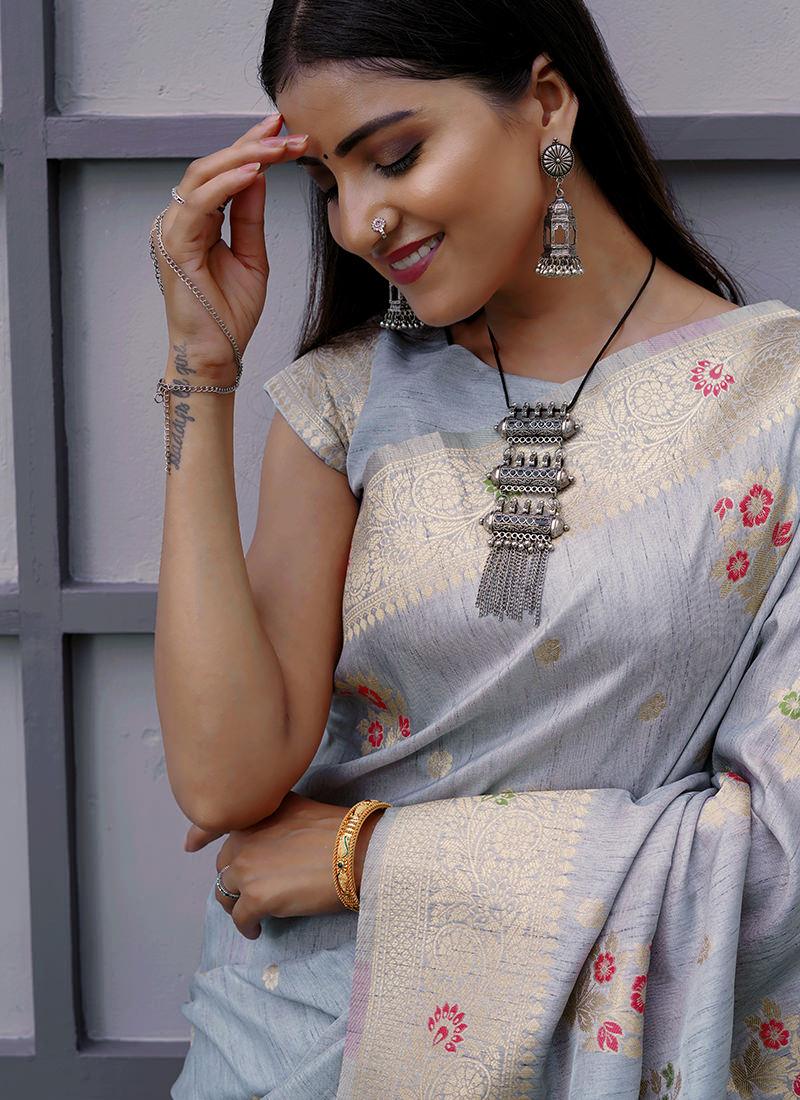 Classic Wear Short Sleeves Grey Saree Clearance Inexpensive