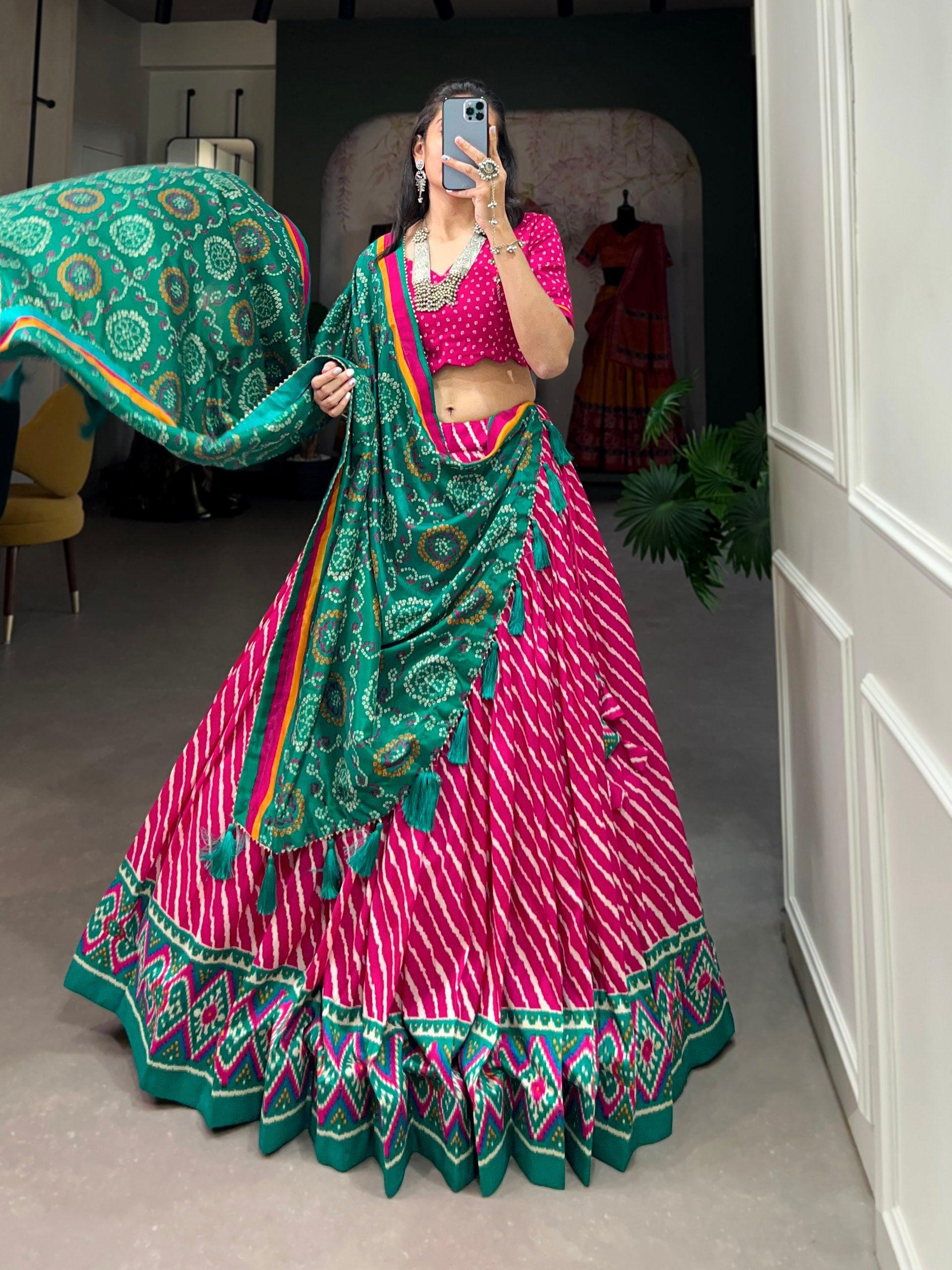 Navratri Wear Tussar Silk Leheriya Printed Lehenga Choli Set Sale Visit