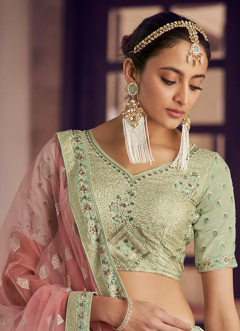 Pista Green Color Crepe Material Sequins And Resham Work Lehenga Clearance Affordable