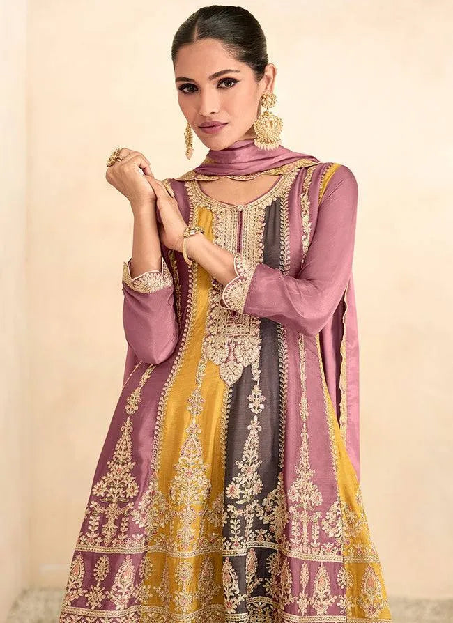 Mesmeric Mauve Multi Embroidered Chinon Palazzo Suit Sale 100% Authentic