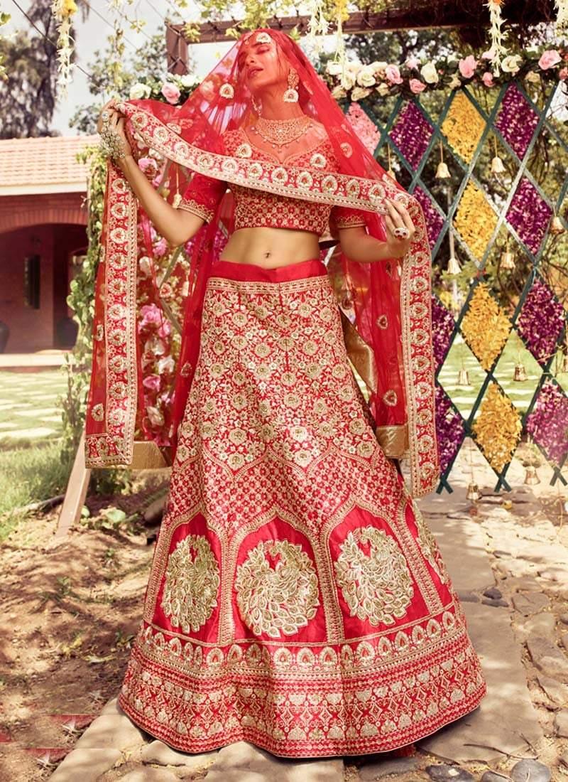 Red Color Raw Silk Fabric Lehenga Choli With Zari And Dori Work Purchase For Sale