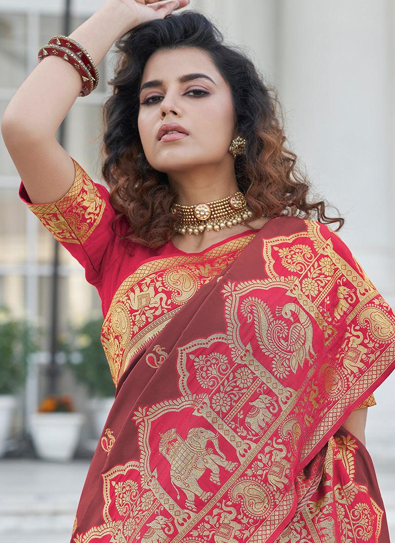 Astounding Brown Color Banarasi Silk Base Silk Weave Work Saree Clearance Manchester