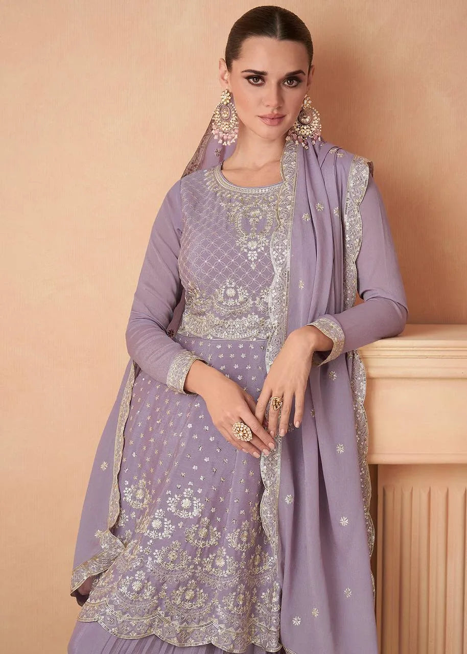 Luxurious Lavender Chinon Embroidered Sharara Suit Free Shipping Online